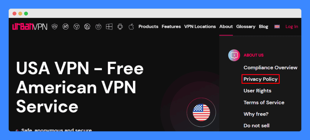 Privacy policy link under "about" menu in UrbanVPN navigation menu.