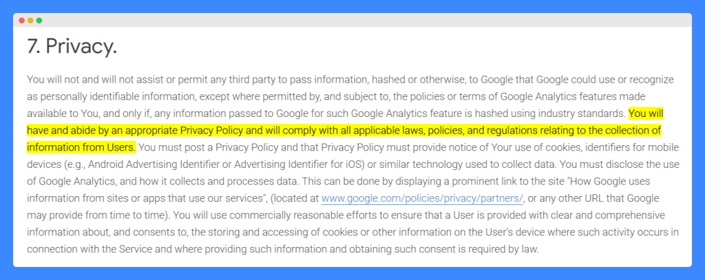 Screenshot of Google Analytics terms requiring a valid privacy policy