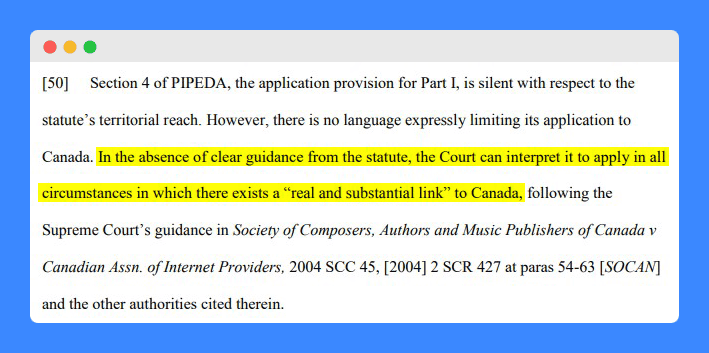 "The application of PIPEDA to activities with a real and substantial connection to Canada" clause highlighted in yellow in Section 4 of PIPEDA document.