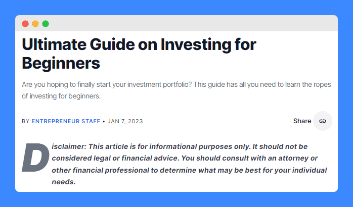 Disclaimer clause in Entrepreneur's "Ultimate guide on investing for begginers".