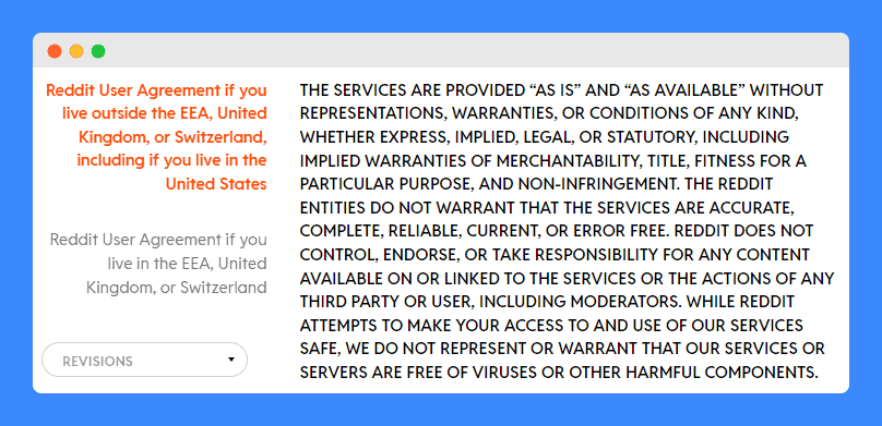 Disclaimers and limitation of liability clauses in Reddit user agreement.