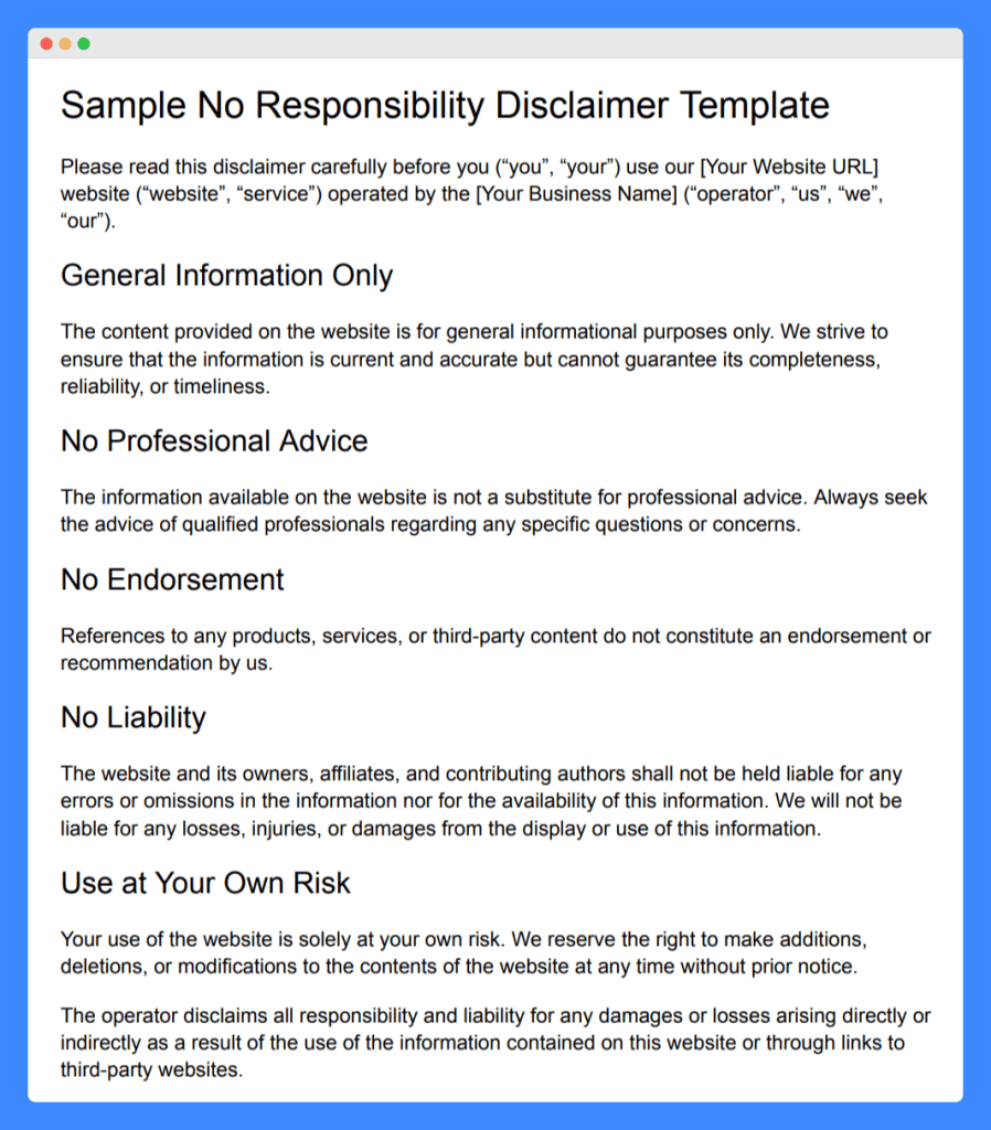 Sample website no responsibility disclaimer template