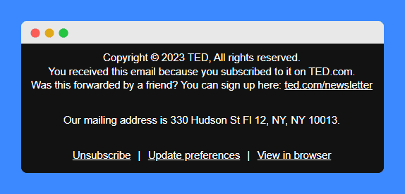 TED's copyright notice in email footer.