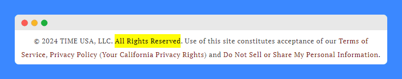 "All rights reserved" disclaimer in Time USA's copyright.