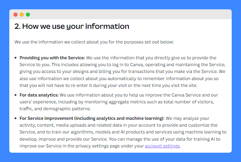 'How we use your information' clauses in Canva's privacy policy.