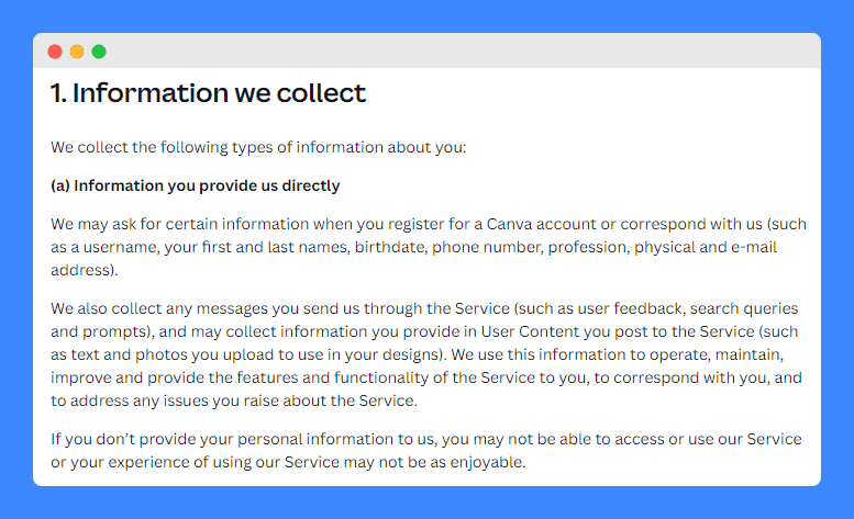 'Information we collect' clauses in Canva's privacy policy.