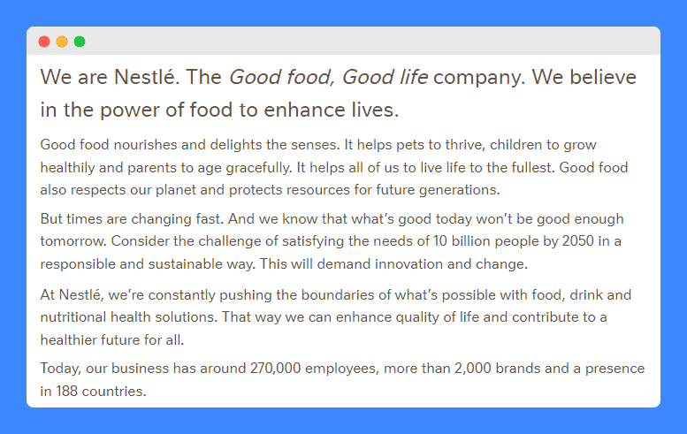 About us clauses in Nestle website.