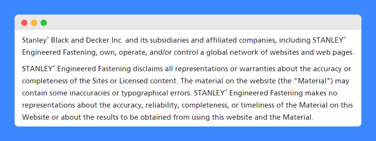 Warranty disclaimer clauses in STANLEY Engineered Fastening website.