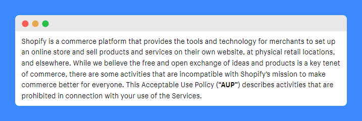 Acceptable use policy clause in Shopify website.