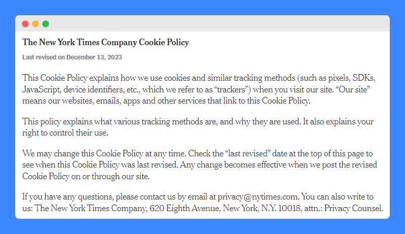 Cookie policy clauses in The New York Times website.