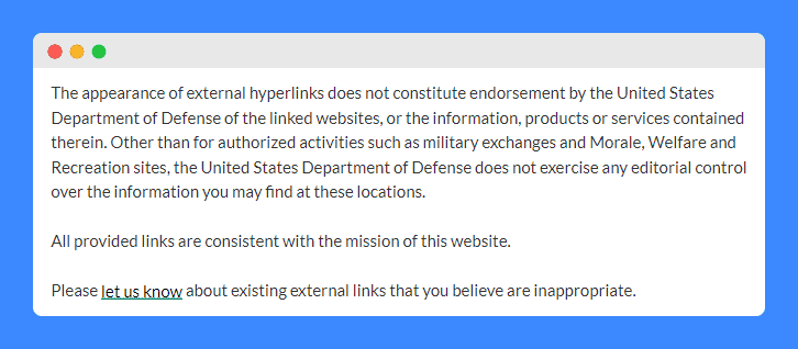 External links disclaimer clauses in US Department of Defense website.
