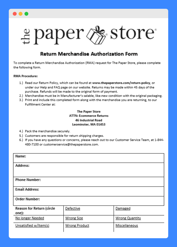 the paper store return merchandise authorization form