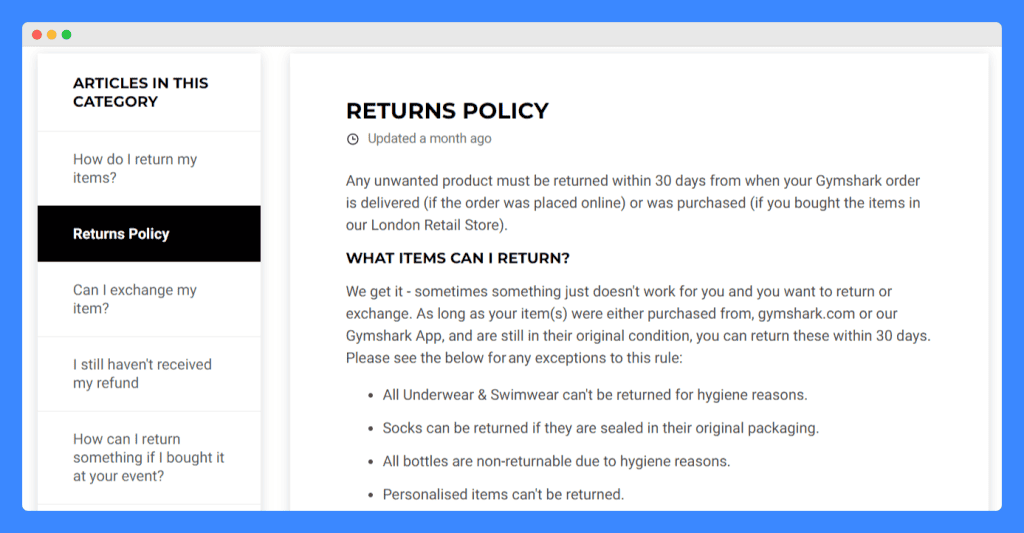 Gymshark's return policy posted on their website.