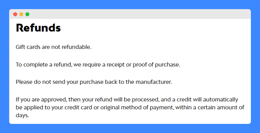 Blk & Bold's refunds policy on a white background.