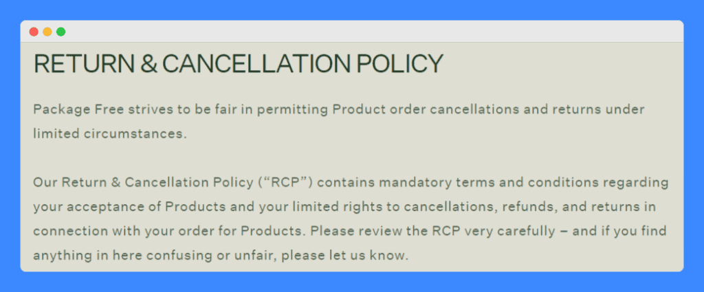 Package Free's return and cancellation policy on a light brown background.