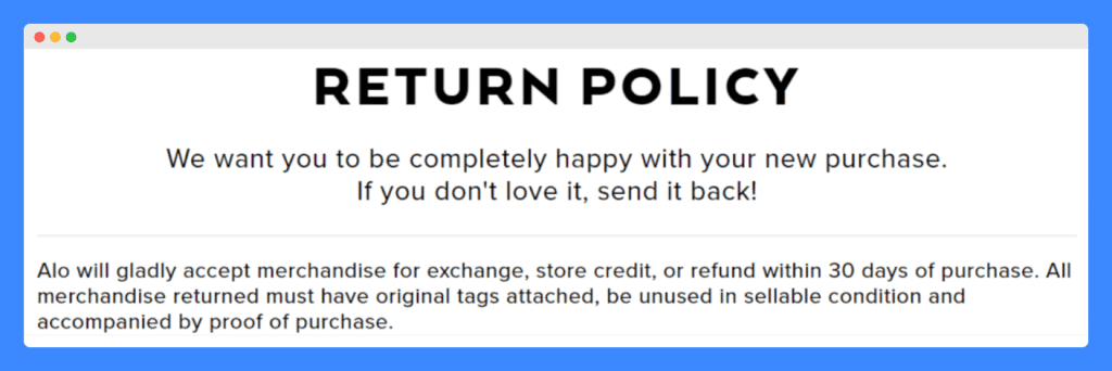 Alo Yoga's return policy on a white background.