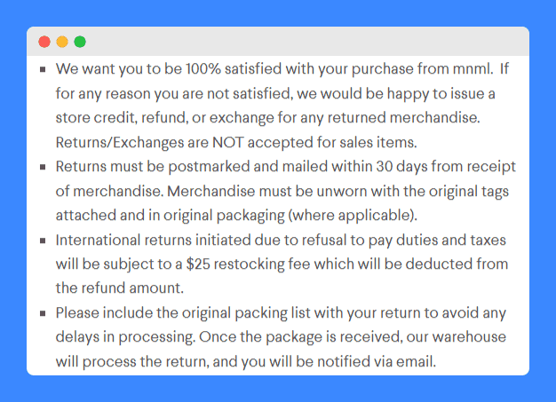Mnml's simple refund policy on a white background.