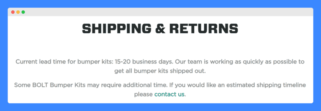 Move Bumpers' shipping and returns policy on a white background.