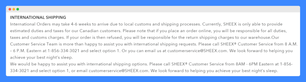 Sheex's international shipping policy on a white background.