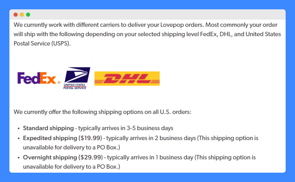 Lovepop's shipping methods posted on their website.