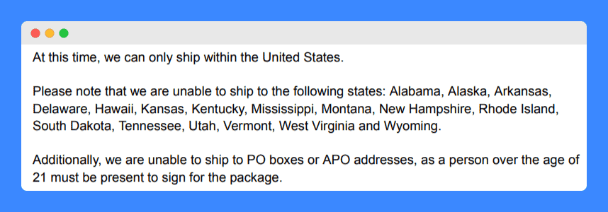 Vinebox's FAQ about shipping restrictions or limitations.