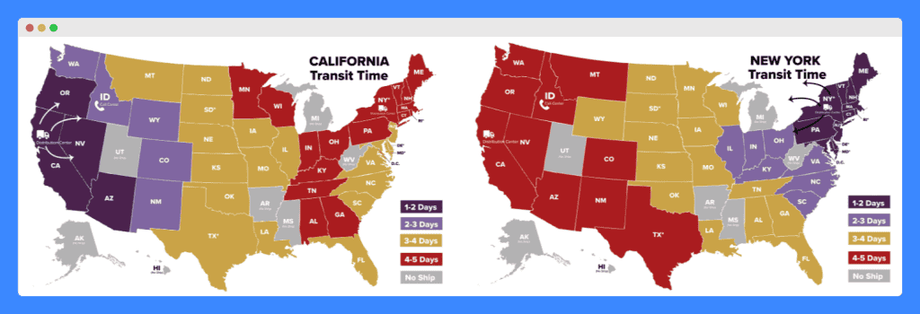 Splash Wines' visual map showing transit time for each state.