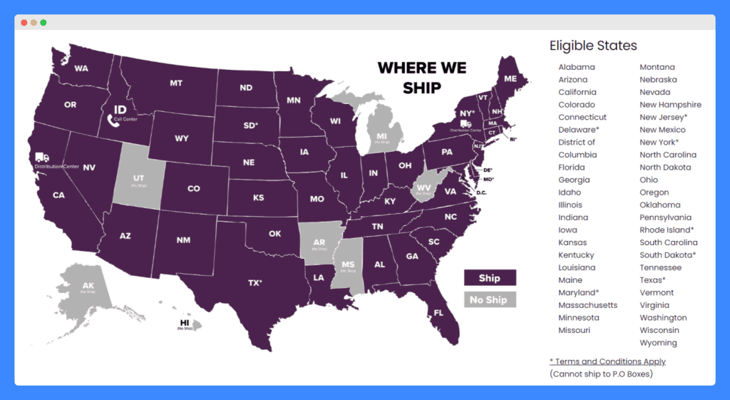 Splash Wines' visual map showing all stated where they ship.