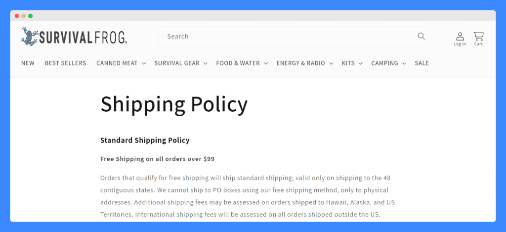 Survival Frog's shipping policy displayed  on their main shipping page.