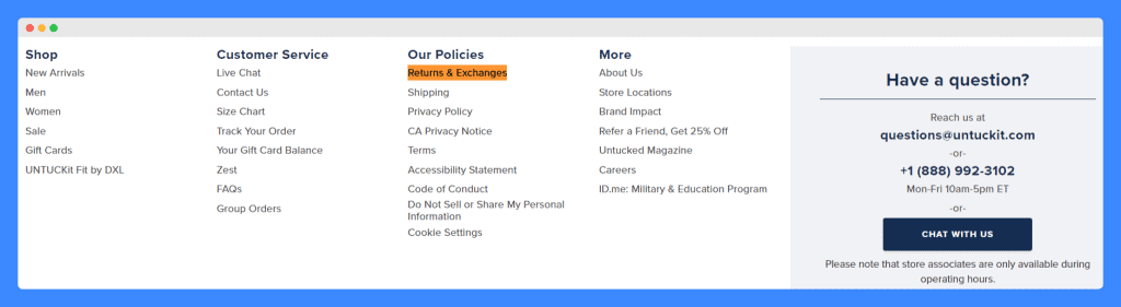 UNTUCKit's returns and exchanges policy displayed on their website's footer.