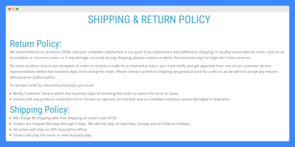 Well Life Medical's combined shipping and return policy on a single page.