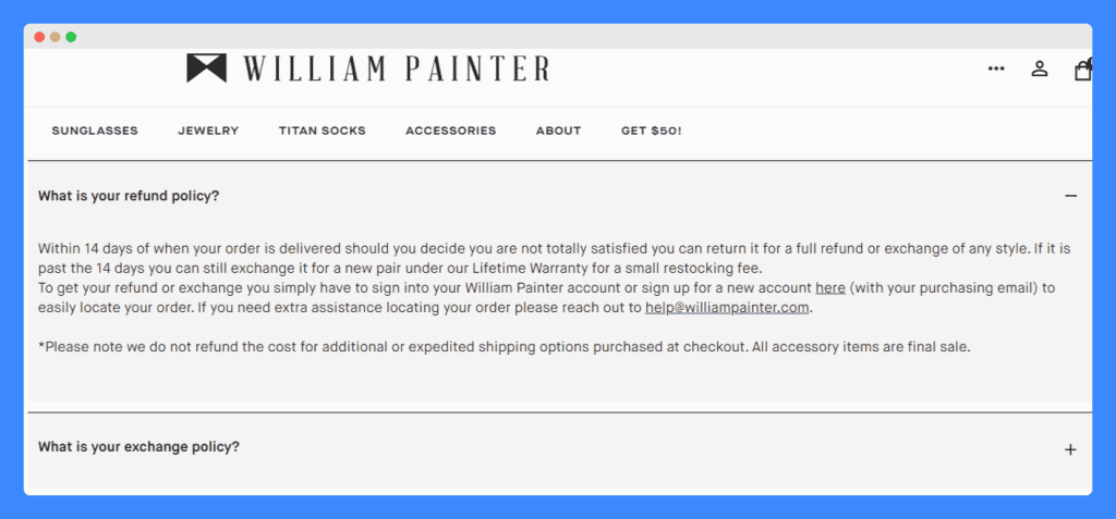 William Painter's refund policy located at the FAQs section of their website.