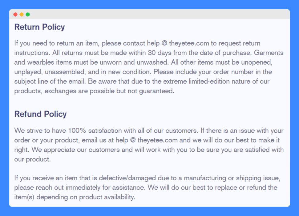 Yehtee's return and refund policy on a white background.