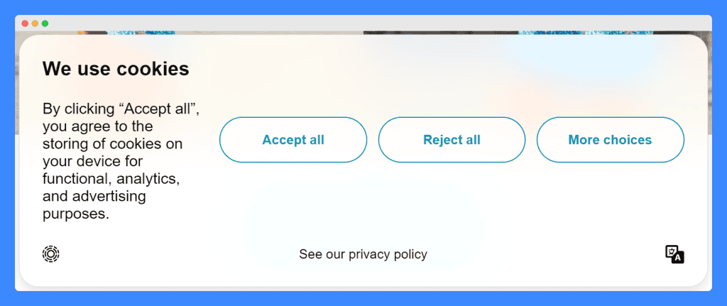 Cookie consent pop-up with options to 'Accept all', 'Reject all', or 'More choices' for managing cookies on a website.