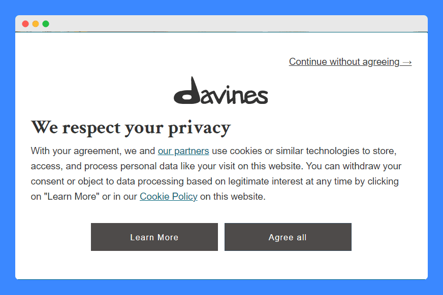 Cookie consent banner on the Davines website on a white background.