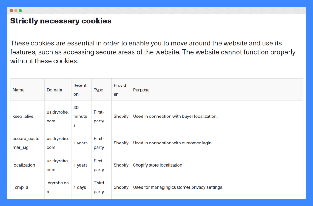 Dryrobe's cookie declaration page with a table listing strictly necessary cookies.