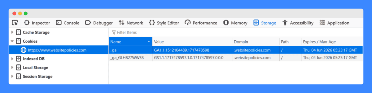 Developer tools interface showing the "Storage" tab with a list of cookies, including details such as cookie name, value, domain, path, and expiration date.