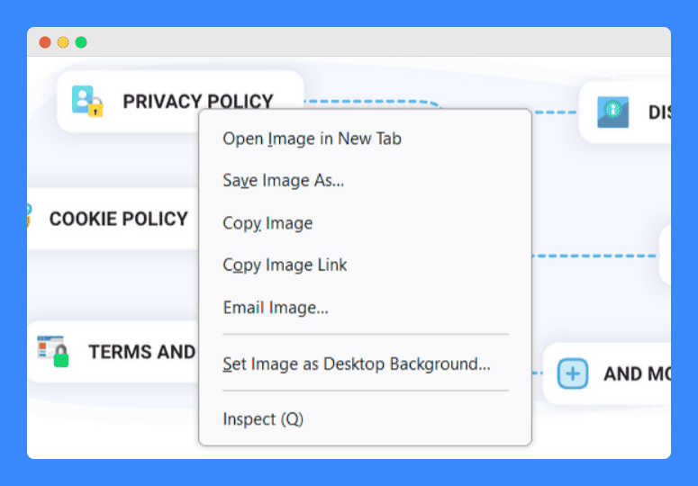 Context menu in a browser with options for interacting with an image, such as saving, copying, and setting as desktop background, displayed over a background featuring options like privacy policy, cookie policy, and terms and conditions.