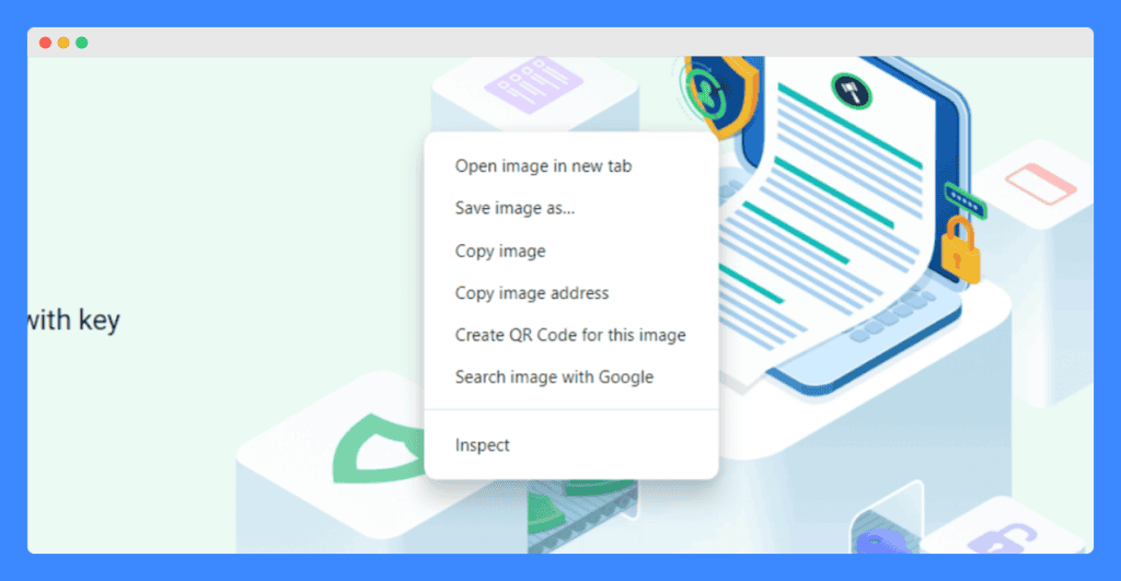 Context menu of a browser with options for interacting with an image, including saving, copying, and searching the image, shown over a graphical background featuring security and document icons.