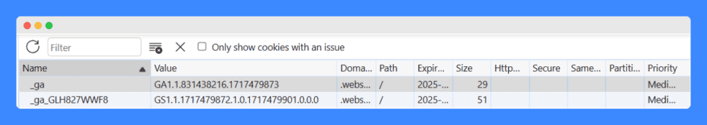 Developer tools interface showing a list of cookies with details such as name, value, domain, path, expiration date, and size, filtered to only show cookies with an issue.
