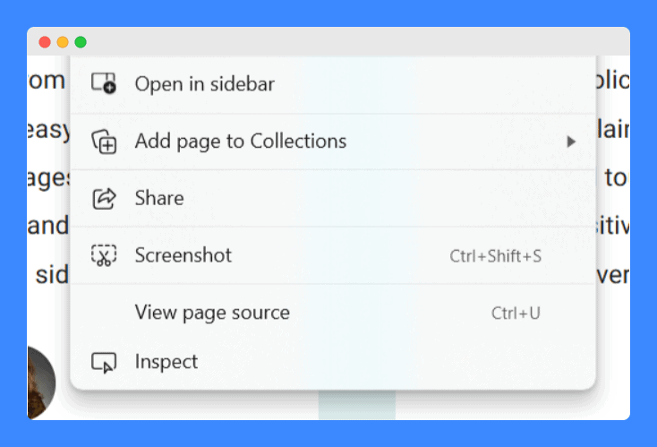 Context menu in a browser with options such as open in sidebar, add page to collections, share, screenshot, view page source, and inspect, displayed over a webpage background.
