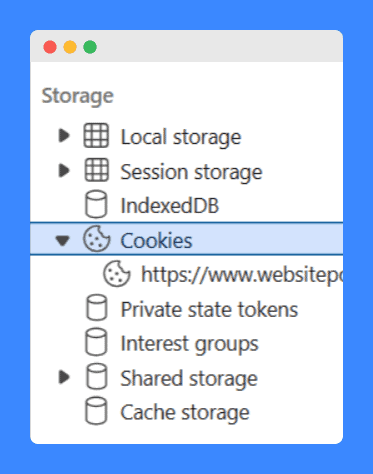 Developer tools interface displaying the "Storage" tab with options for Local storage, Session storage, IndexedDB, Cookies, and other storage types, highlighting the Cookies section.