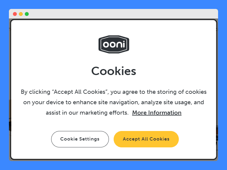 Cookie consent banner from Ooni website on a white background.