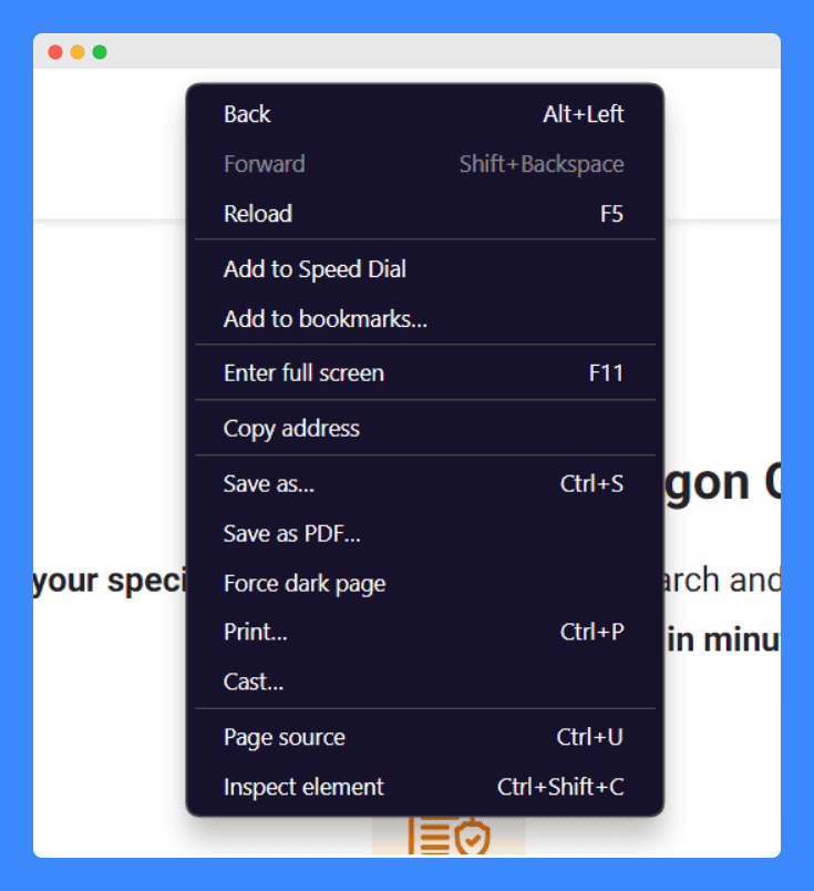 Context menu in a browser with options including navigation, reloading, adding to bookmarks, entering full screen, copying address, saving as, printing, and inspecting the page element, displayed over a webpage background.