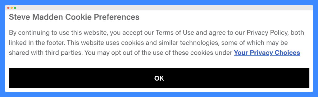 Cookie preferences pop-up from Steve Madden website on a white background.