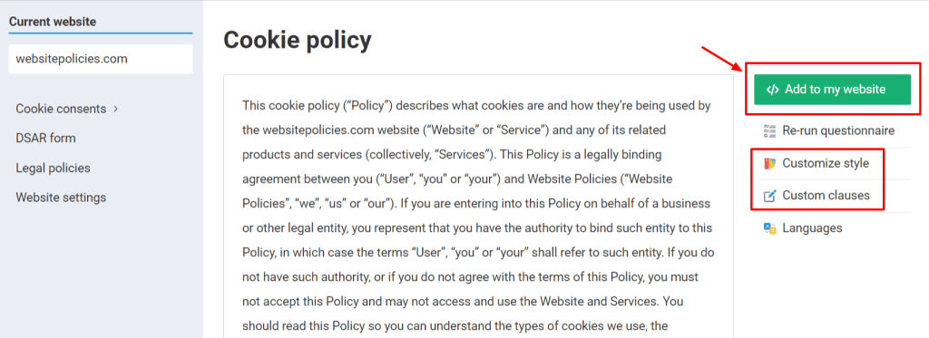 Completed cookie policy with different options such as "add to my website," "re-run questionnaire", "customize style," "custom clauses," and "languages" buttons in white background.