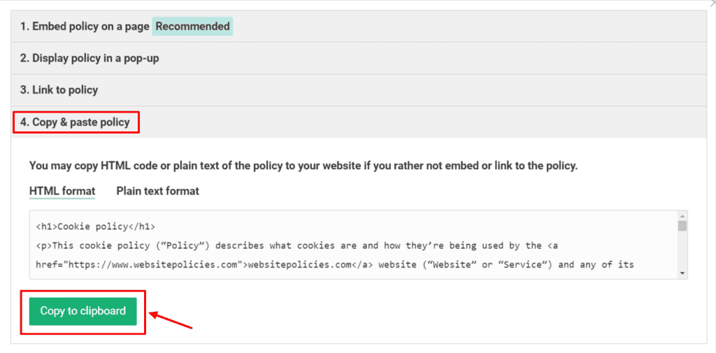 "Copy & paste policy" option with cookie policy codes.