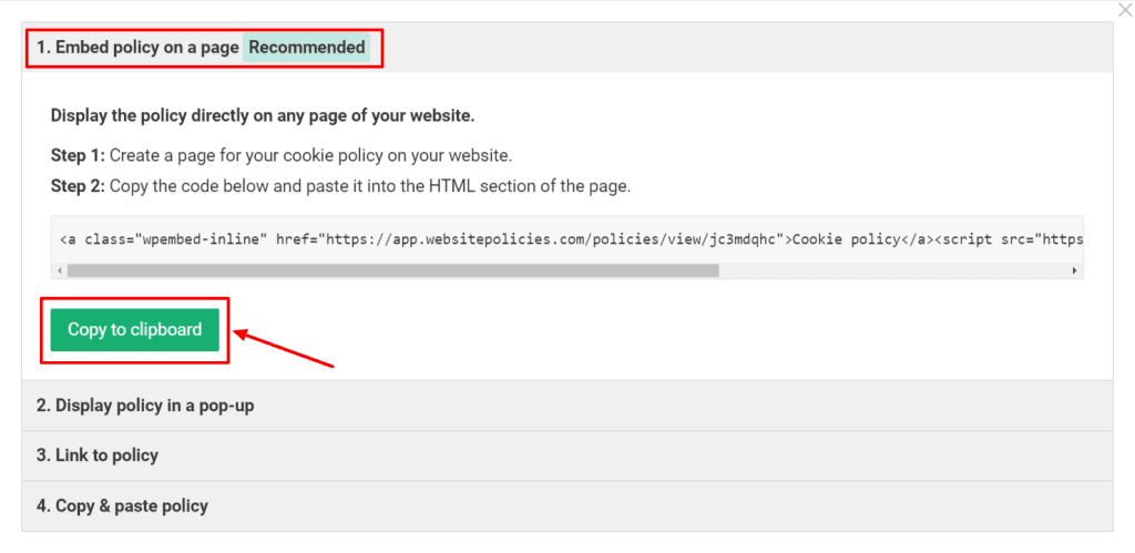 "Embed policy on a page" option with codes and a "Copy to clipboard" button in green.