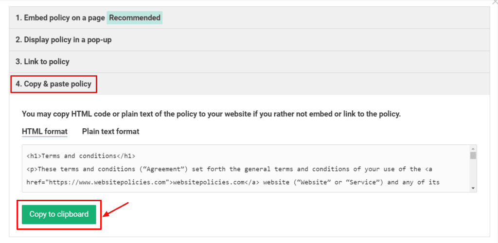 "Copy & paste policy" option with terms and conditions codes.