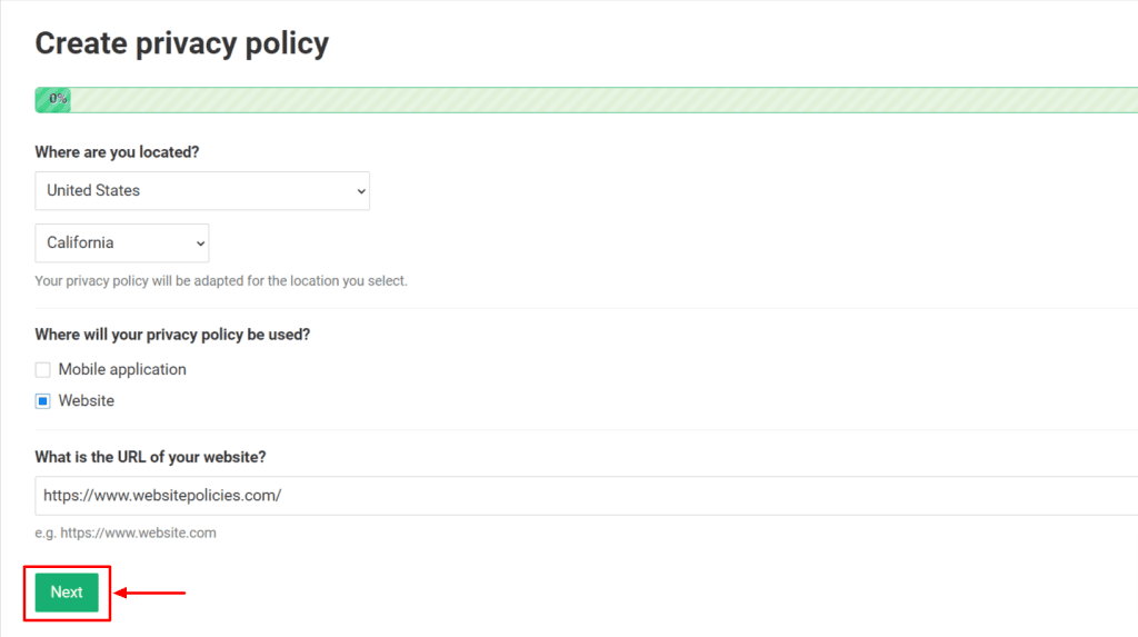 "Create privacy policy" questionnaire on a white background.