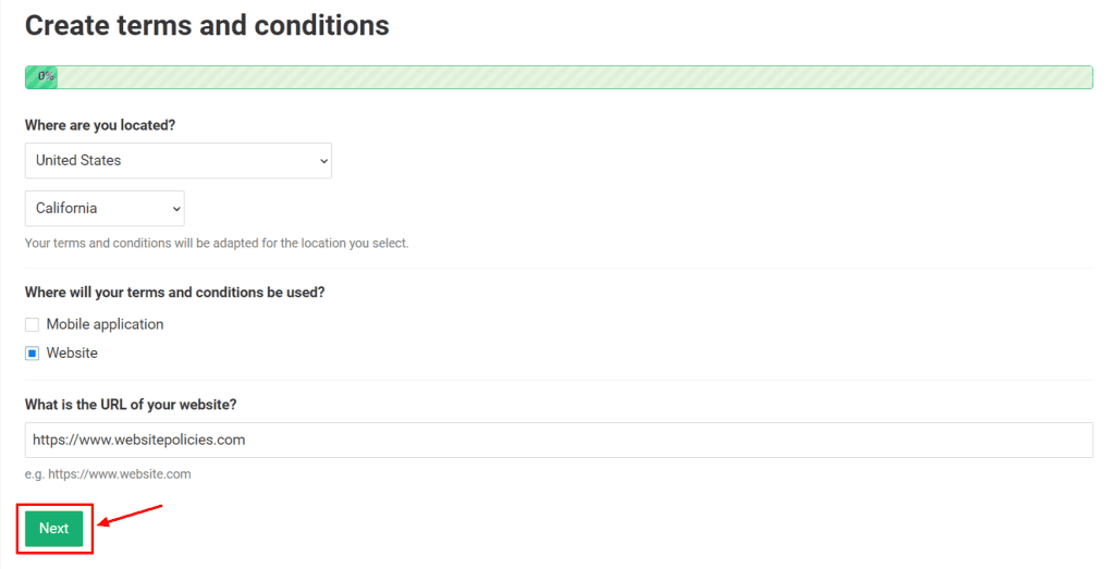 "Create terms and conditions" questionnaire on a white background.